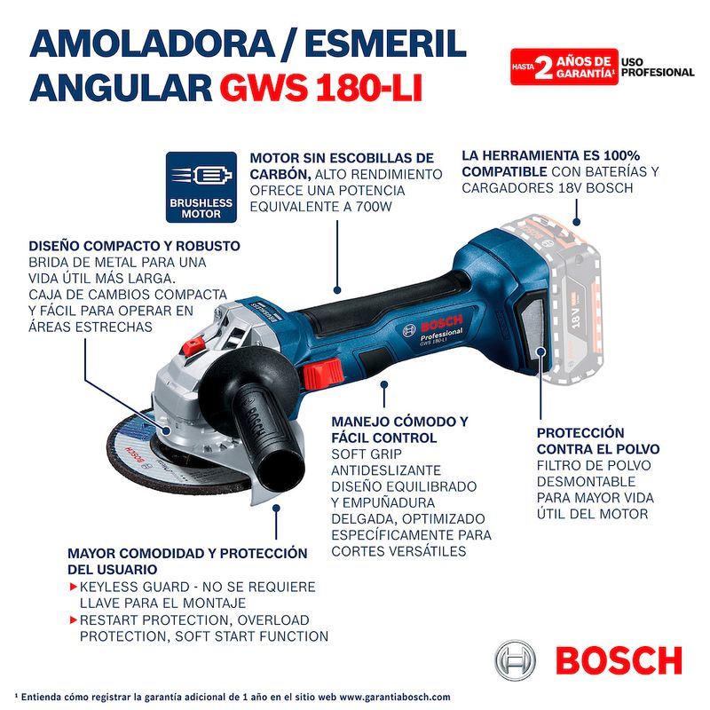 Esmeril Angular GWS 180-LI Bosch Professional - Aritrans Venta Online -  Herramientas para su próximo proyecto